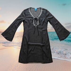 Soaked Swim Cover Up Rhinestone Embellished Black Sheer Gauze Mesh Size Large